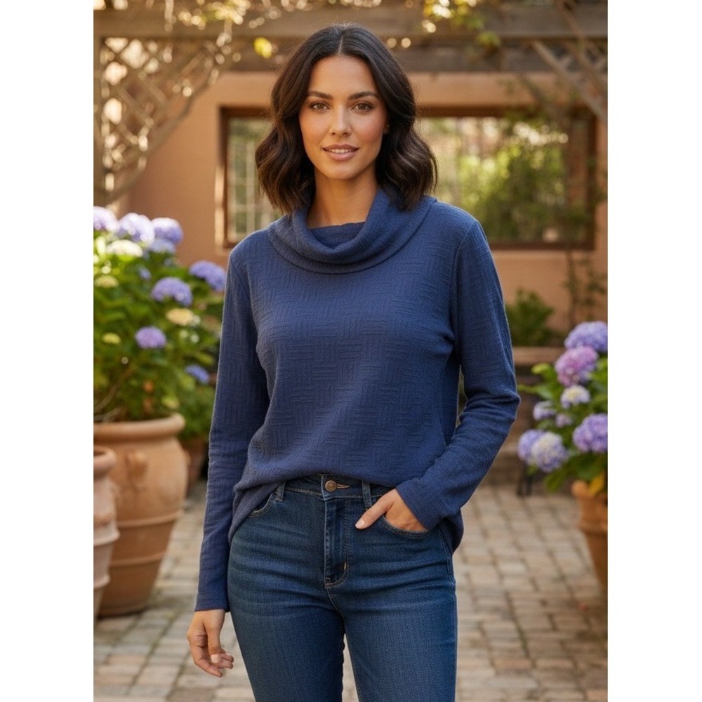 CMC Color Me Cotton Cowl Neck Textured Sweater Size L Navy USA Tunic Pullover
